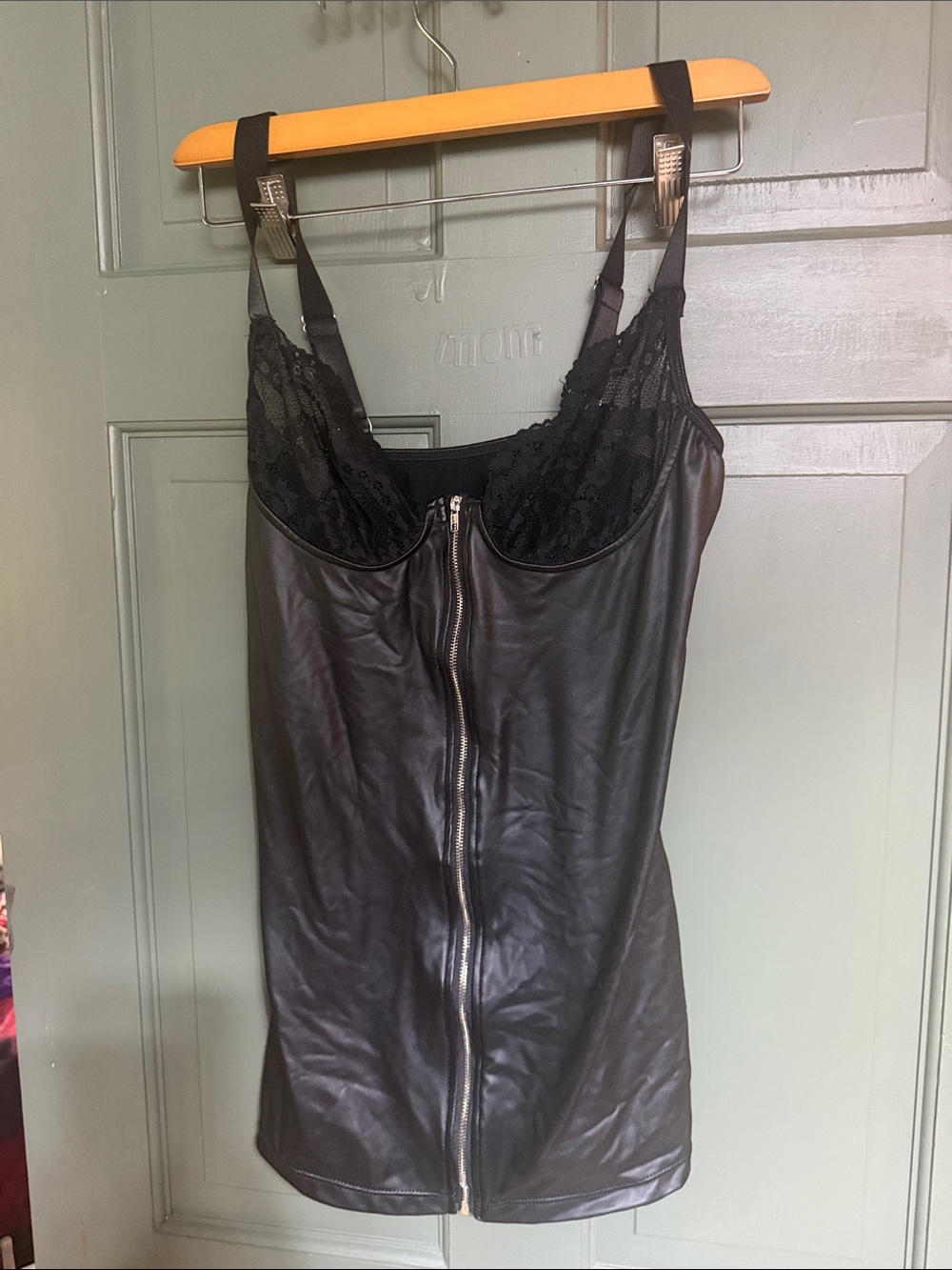 Black Lace-Trim Faux Leather Slip Dress with Front Zip